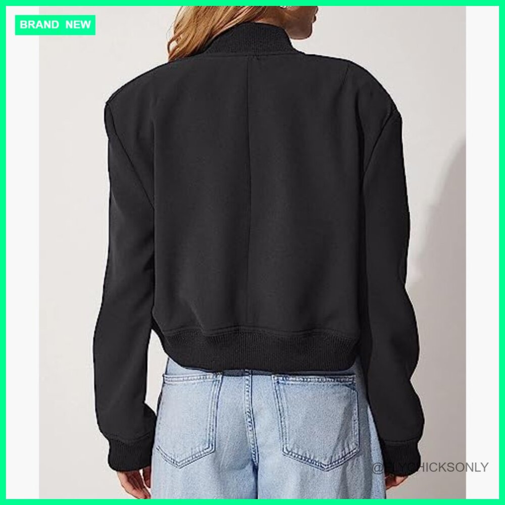 Polyester Cropped Bomber Jacket With Button Closu… - image 2